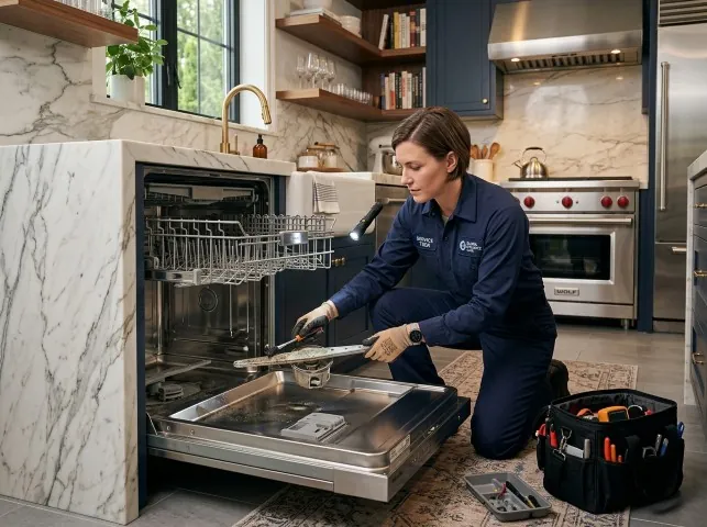 Appliance Repair Hero technician servicing a built-in dishwasher in a Alviso, CA kitchen
