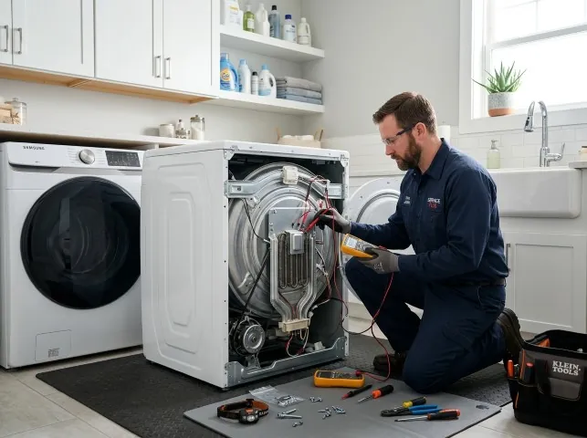 Appliance Repair Hero technician checking a dryer heating element with the rear panel off in Alviso, CA