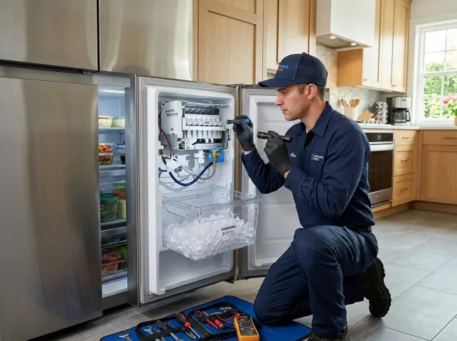 Appliance Repair Hero technician repairing a refrigerator ice maker in Alviso, CA