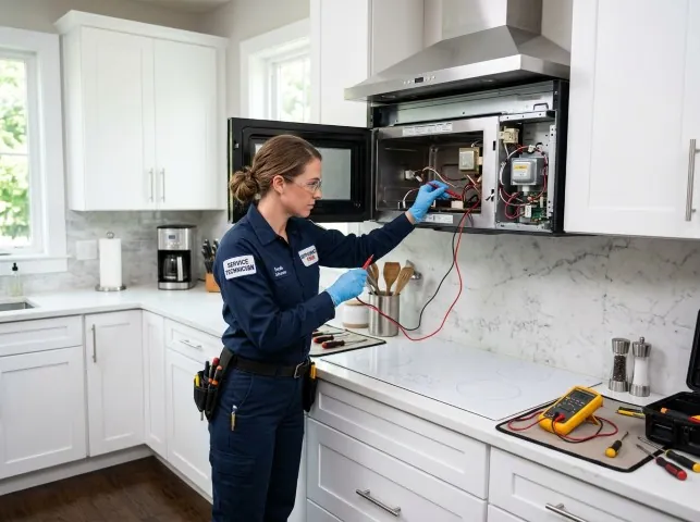 Appliance Repair Hero technician testing an over-the-range microwave in a Alviso, CA kitchen