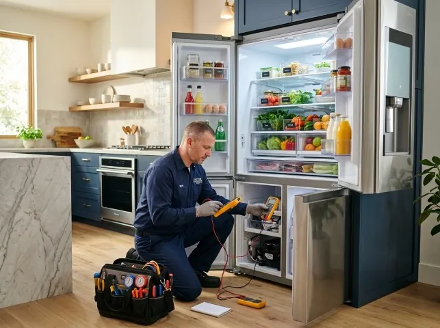 Appliance Repair Hero refrigerator technician testing a fridge on a Alviso, CA service call
