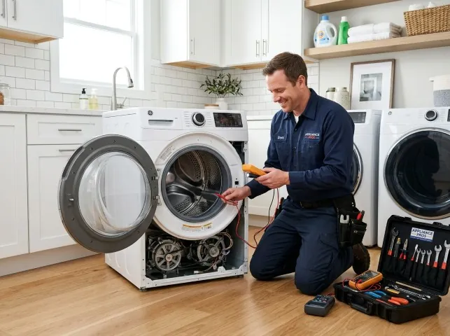 Appliance Repair Hero technician testing a front-load washer with a multimeter on a Alviso, CA service call